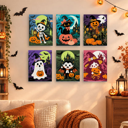 Coffret 6 mini-toiles Gentils Monstres accrochées dans un salon décoré pour Halloween, Maison Artsen