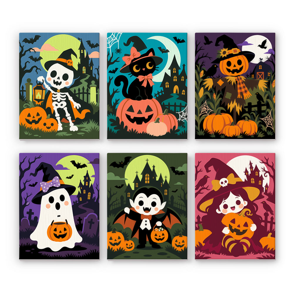 Coffret 6 peintures par numéro Gentils Monstres, petits monstres souriants avec squelette, chat noir et vampire, Maison Artsen