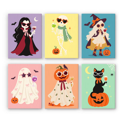 Coffret 6 peintures par numéro Glam d'Halloween, vampire, squelette, sorcière et chat noir en lunettes de soleil, Maison Artsen