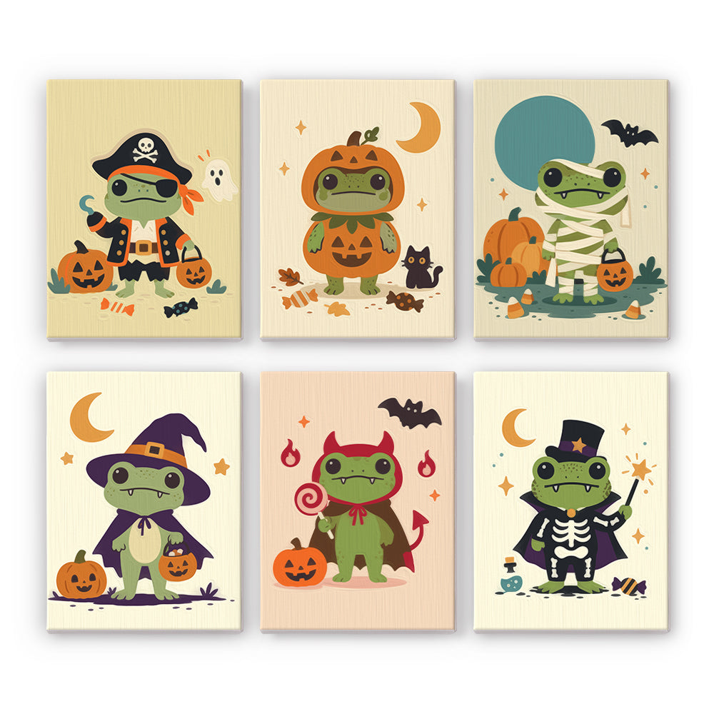 Coffret 6 peintures par numéro Grenouilles Déguisées, grenouilles en pirate, momie, sorcière et petit diable, Maison Artsen