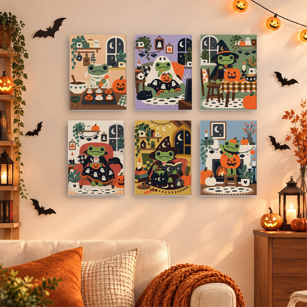 Coffret 6 mini-toiles Grenouilles Douillettes accrochées dans un salon décoré pour Halloween, Maison Artsen