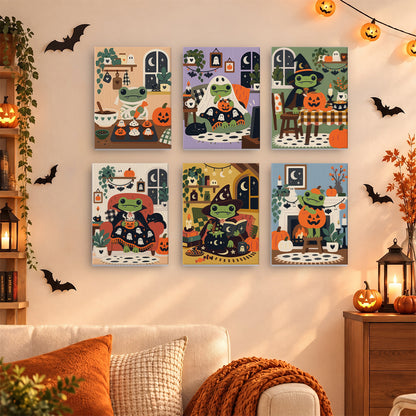 Coffret 6 mini-toiles Grenouilles Douillettes accrochées dans un salon décoré pour Halloween, Maison Artsen
