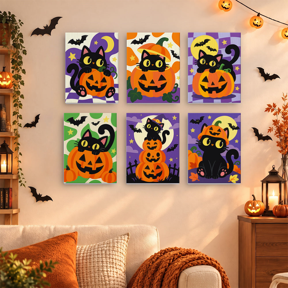 Coffret 6 mini-toiles Gros Chats Citrouilles accrochées dans un salon décoré pour Halloween, Maison Artsen