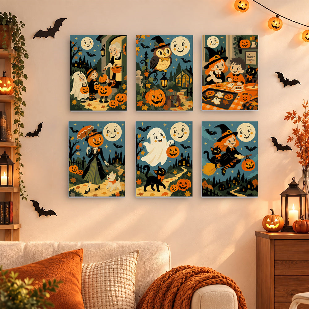 Coffret 6 mini-toiles Halloween d'Autrefois accrochées dans un salon décoré pour Halloween, Maison Artsen