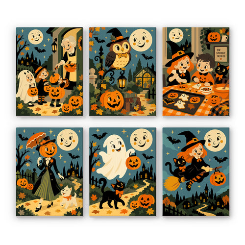 Coffret 6 peintures par numéro Halloween d'Autrefois, scènes rétro, lune souriante, citrouilles et chat noir, Maison Artsen