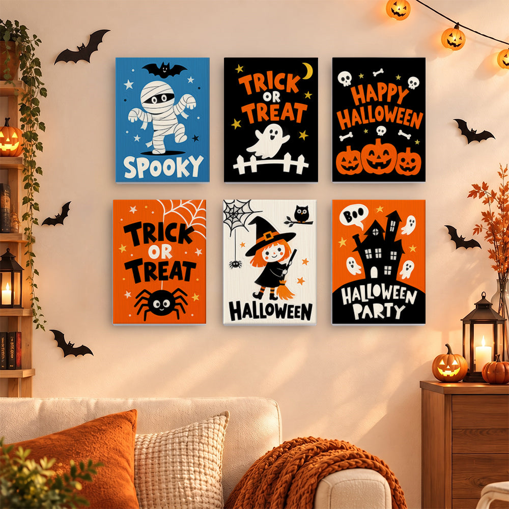 Coffret 6 mini-toiles Halloween en Mots accrochées dans un salon décoré pour Halloween, Maison Artsen