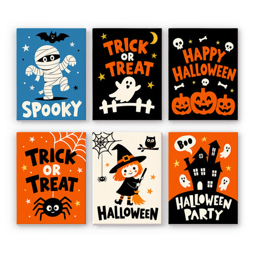 Coffret 6 peintures par numéro Halloween en Mots, grandes lettres d'Halloween, momie, fantôme et sorcière, Maison Artsen