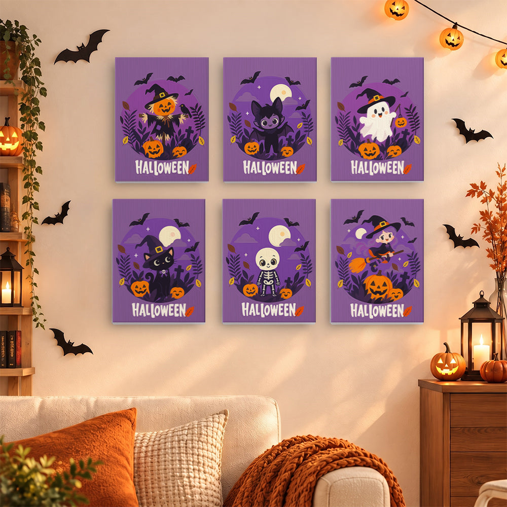 Coffret 6 mini-toiles Halloween en Violet accrochées dans un salon décoré pour Halloween, Maison Artsen