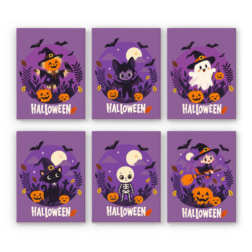 Coffret 6 peintures par numéro Halloween en Violet, épouvantail, petit vampire, fantôme, chat et sorcière sur fond violet, Maison Artsen
