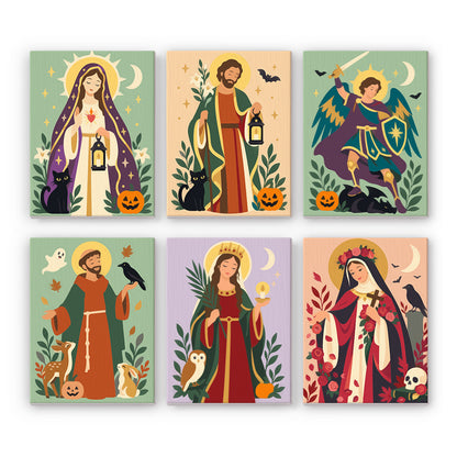 Coffret 6 peintures par numéro Icônes d'Automne, saints, citrouilles, chats noirs et corbeaux sur fonds doux, Maison Artsen