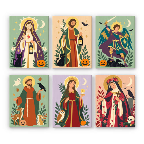 Coffret 6 peintures par numéro Icônes d'Automne, saints, citrouilles, chats noirs et corbeaux sur fonds doux, Maison Artsen