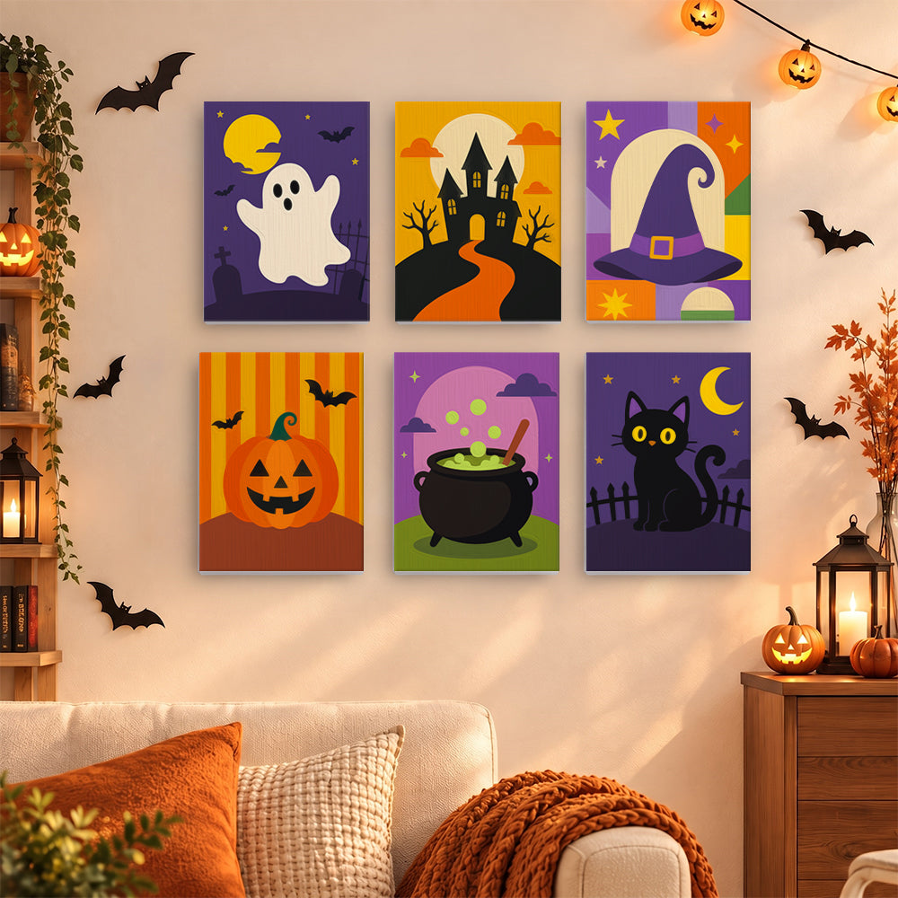 Coffret 6 mini-toiles Icônes d'Octobre accrochées dans un salon décoré pour Halloween, Maison Artsen