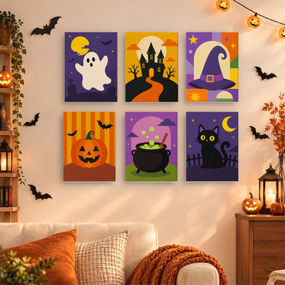 Coffret 6 mini-toiles Icônes d'Octobre accrochées dans un salon décoré pour Halloween, Maison Artsen