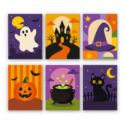 Coffret 6 peintures par numéro Icônes d'Octobre, fantôme, manoir, chaudron et chat noir sur fond violet, Maison Artsen
