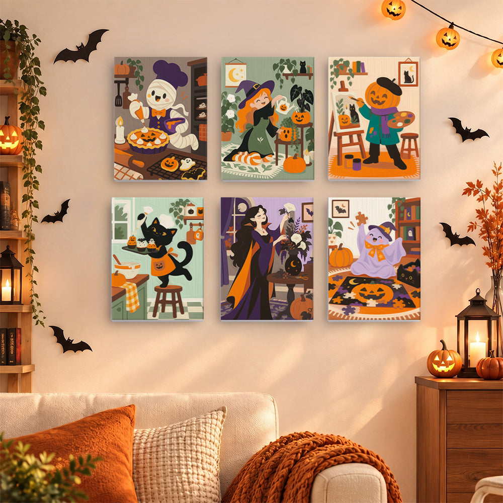 Coffret 6 mini-toiles Journée au Cottage accrochées dans un salon décoré pour Halloween, Maison Artsen