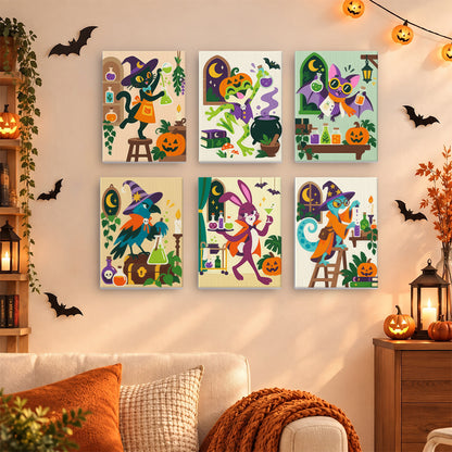Coffret 6 mini-toiles Laboratoire des Animaux accrochées dans un salon décoré pour Halloween, Maison Artsen