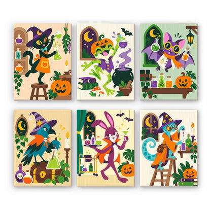 Coffret 6 peintures par numéro Laboratoire des Animaux, animaux sorciers, fioles de potion et citrouilles en violet, Maison Artsen