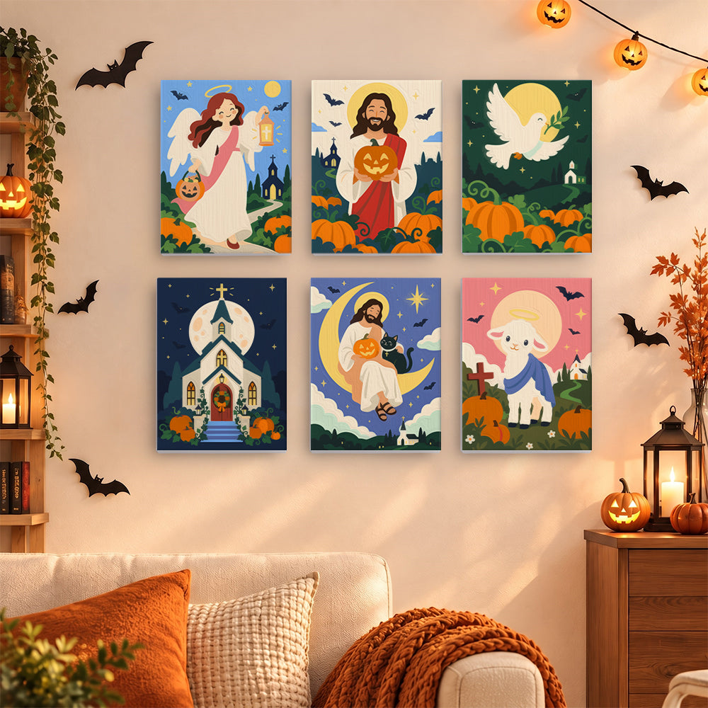 Coffret 6 mini-toiles Lumière d'Octobre accrochées dans un salon décoré pour Halloween, Maison Artsen