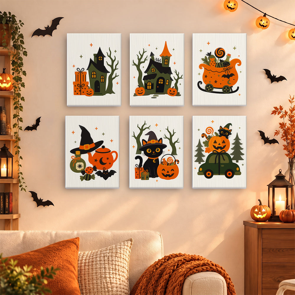 Coffret 6 mini-toiles Maisons Hantées Crème accrochées dans un salon décoré pour Halloween, Maison Artsen