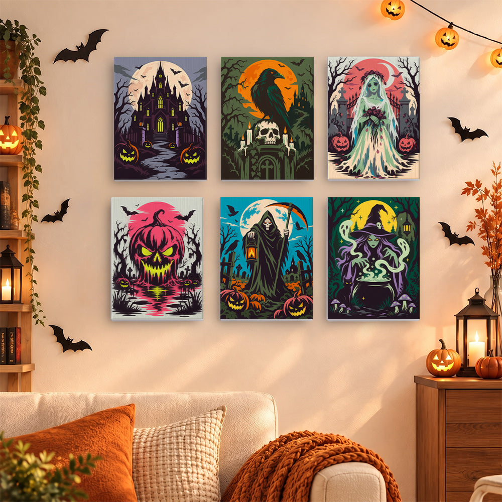 Coffret 6 mini-toiles Manoir des Ténèbres accrochées dans un salon décoré pour Halloween, Maison Artsen