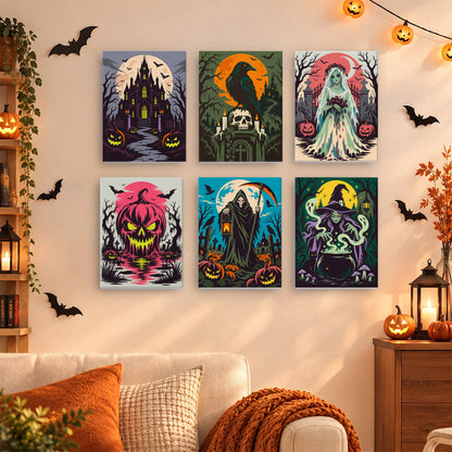 Coffret 6 mini-toiles Manoir des Ténèbres accrochées dans un salon décoré pour Halloween, Maison Artsen