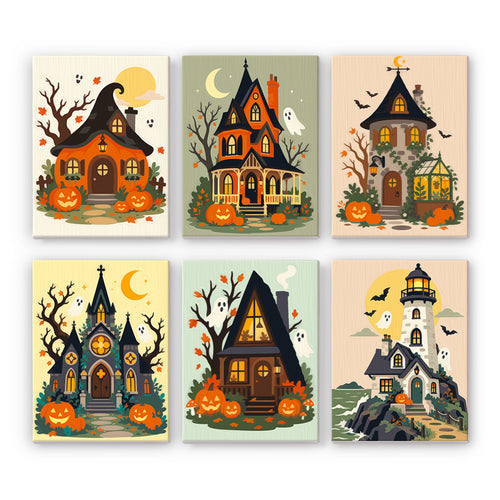 Coffret 6 peintures par numéro Manoirs d'Octobre, maisons hantées, citrouilles et fantômes en tons d'automne, Maison Artsen