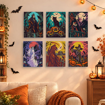 Coffret 6 mini-toiles Marais Maudit accrochées dans un salon décoré pour Halloween, Maison Artsen
