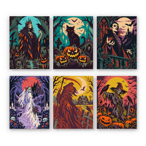 Coffret 6 peintures par numéro Marais Maudit, reine squelette, chat noir, vampire, mariée et épouvantail, Maison Artsen