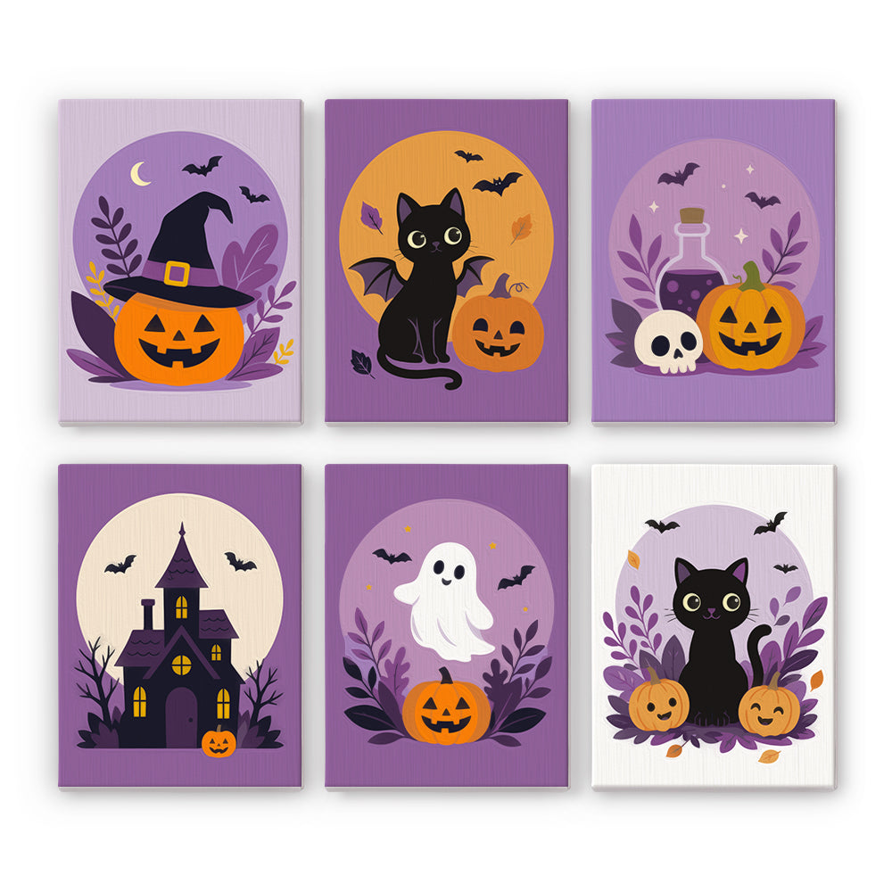 Coffret 6 peintures par numéro Médaillons Lavande, médaillons lavande, chats noirs, citrouilles, manoir et fantôme, Maison Artsen