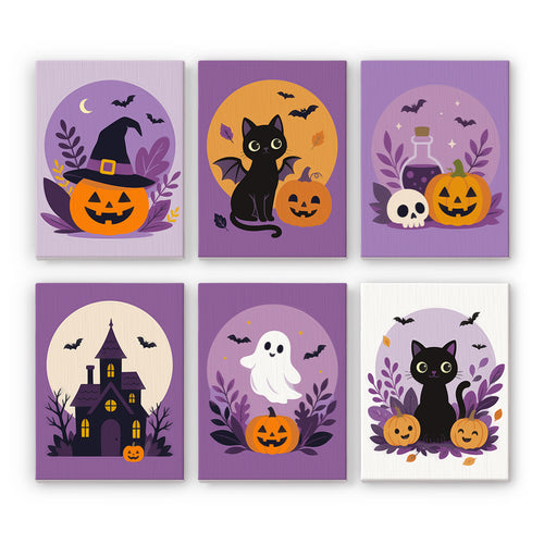 Coffret 6 peintures par numéro Médaillons Lavande, médaillons lavande, chats noirs, citrouilles, manoir et fantôme, Maison Artsen