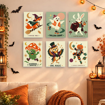 Coffret 6 mini-toiles Ménagerie d'Halloween accrochées dans un salon décoré pour Halloween, Maison Artsen
