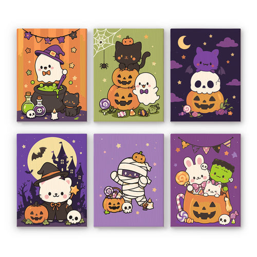 Coffret 6 peintures par numéro Mignons Frissons, fantômes, chats, momie et citrouilles très mignons, Maison Artsen