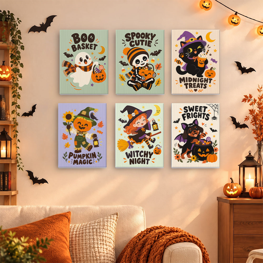 Coffret 6 mini-toiles Mignons Spooky accrochées dans un salon décoré pour Halloween, Maison Artsen