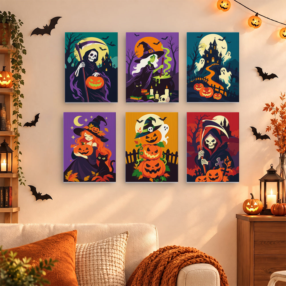 Coffret 6 mini-toiles Nuit de la Faucheuse accrochées dans un salon décoré pour Halloween, Maison Artsen