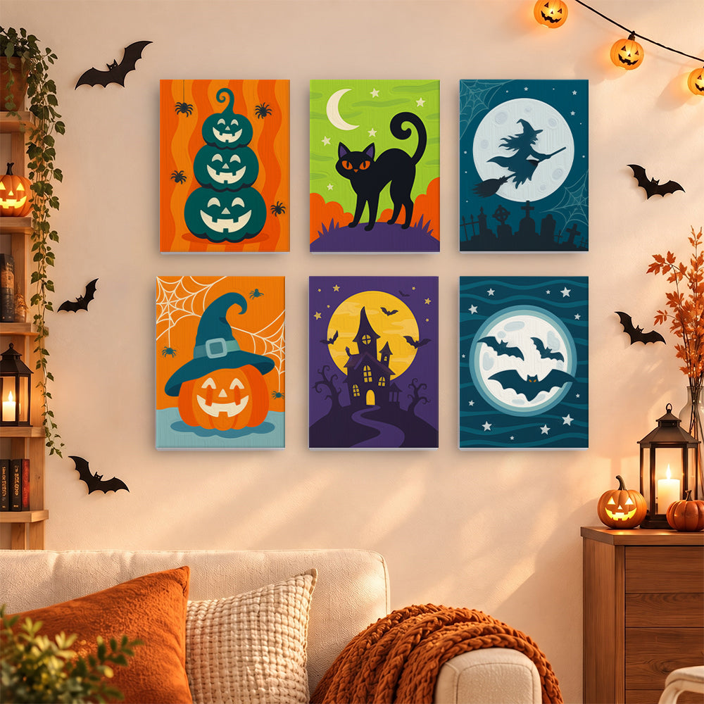 Coffret 6 mini-toiles Nuit Menthe et Orange accrochées dans un salon décoré pour Halloween, Maison Artsen