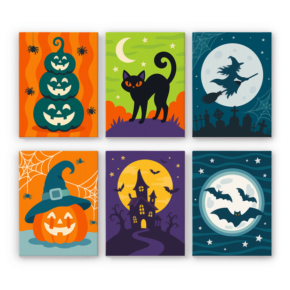 Coffret 6 peintures par numéro Nuit Menthe et Orange, citrouilles, chat noir, sorcière et manoir en vert et orange, Maison Artsen