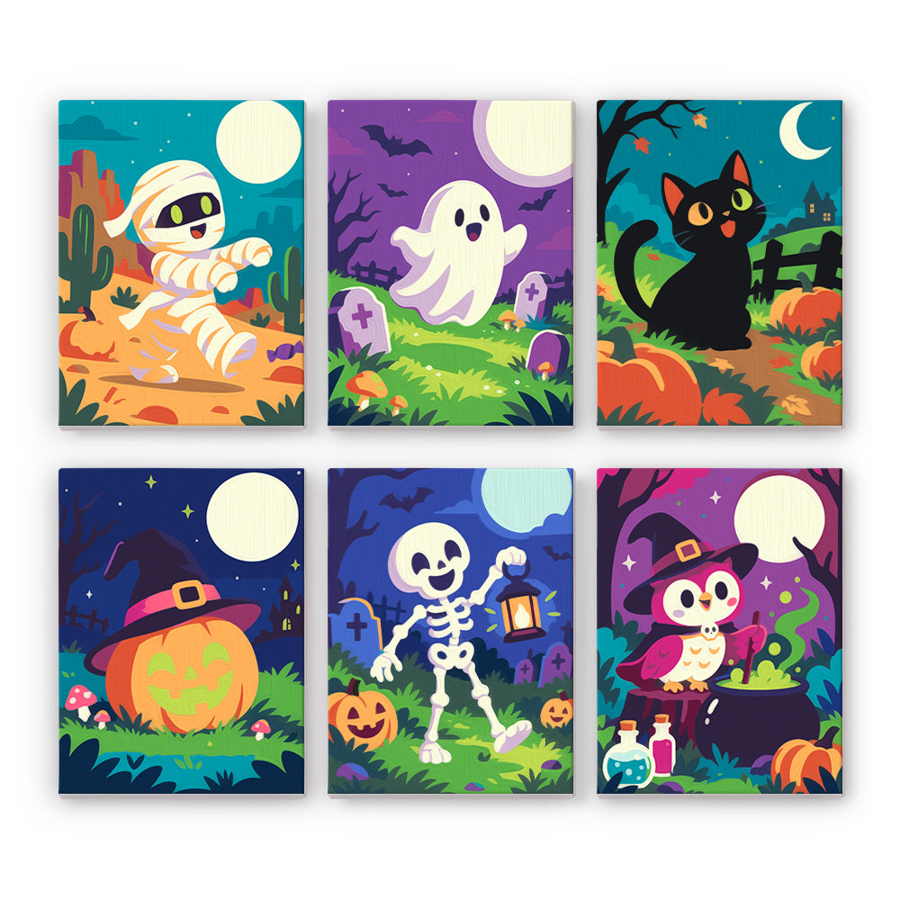 Coffret 6 peintures par numéro Nuits Éclatantes, momie, fantôme, chat noir et squelette sous la lune, Maison Artsen