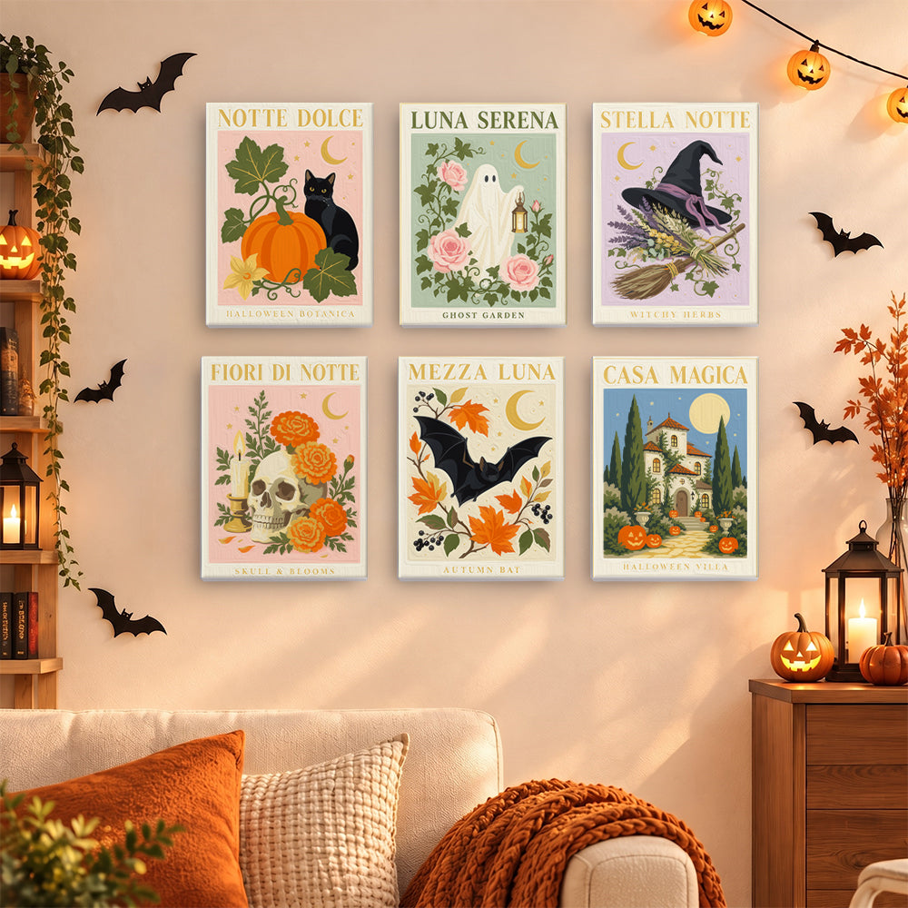 Coffret 6 mini-toiles Nuits Italiennes accrochées dans un salon décoré pour Halloween, Maison Artsen