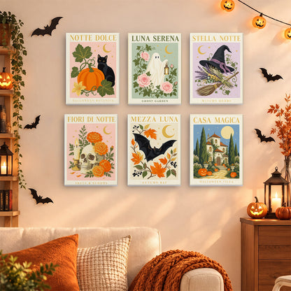 Coffret 6 mini-toiles Nuits Italiennes accrochées dans un salon décoré pour Halloween, Maison Artsen