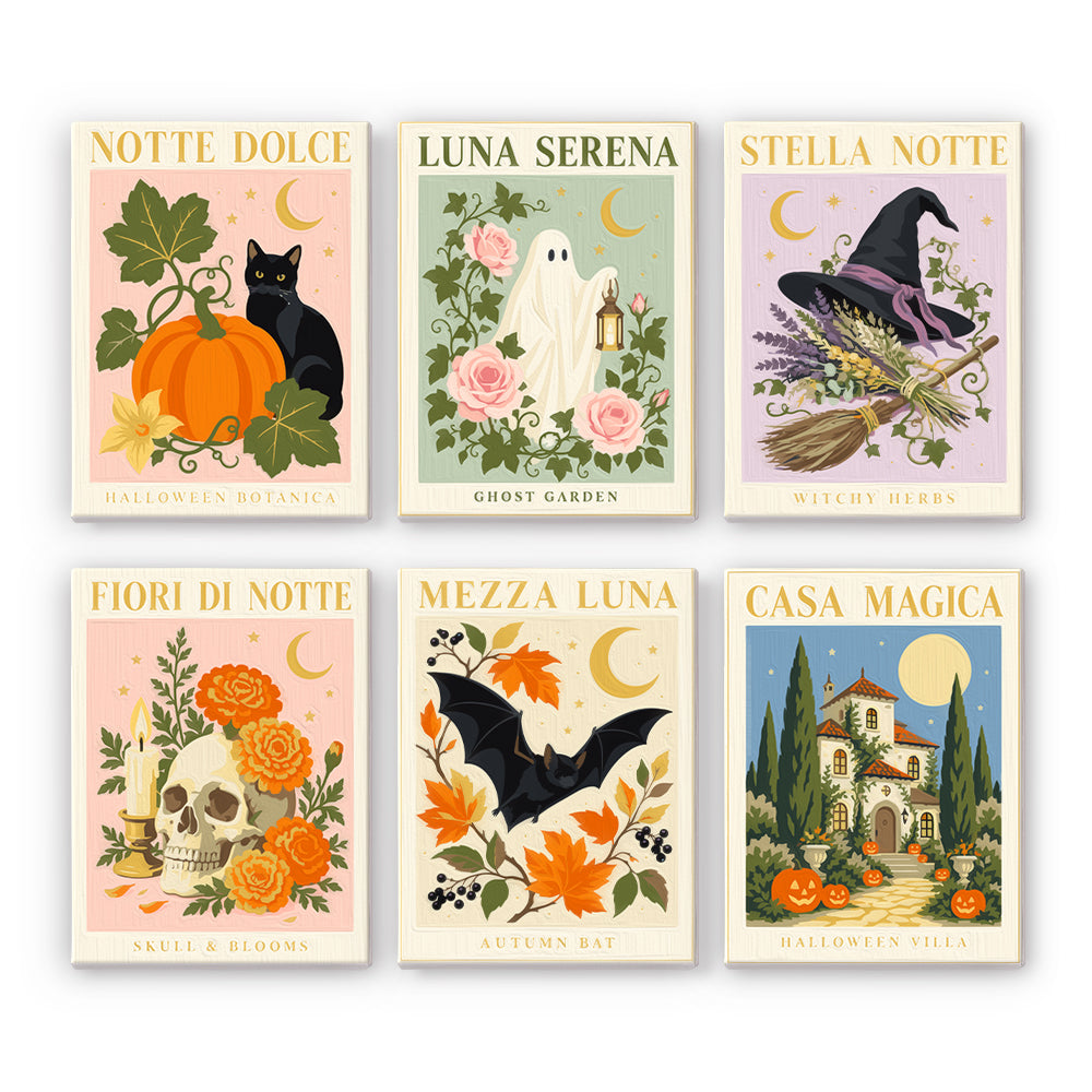 Coffret 6 peintures par numéro Nuits Italiennes, affiches élégantes, fleurs, chat noir, fantôme et villa, Maison Artsen