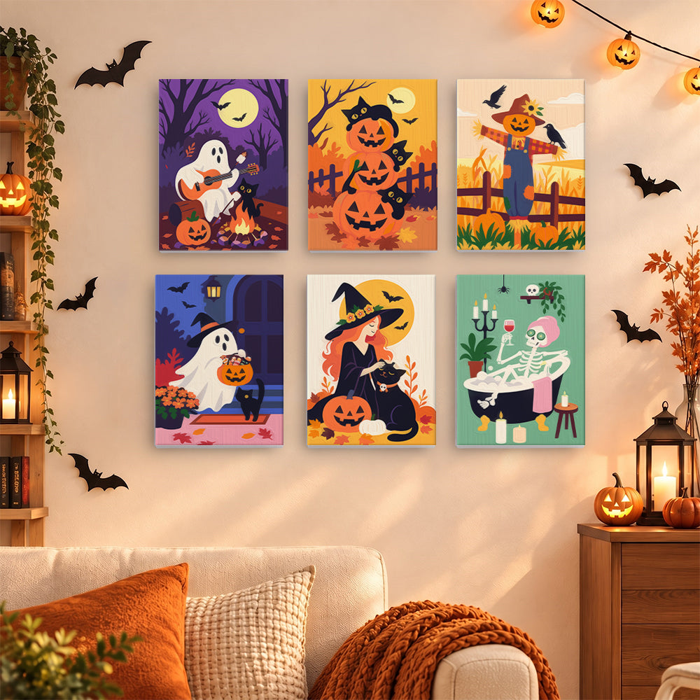 Coffret 6 mini-toiles Octobre Tranquille accrochées dans un salon décoré pour Halloween, Maison Artsen