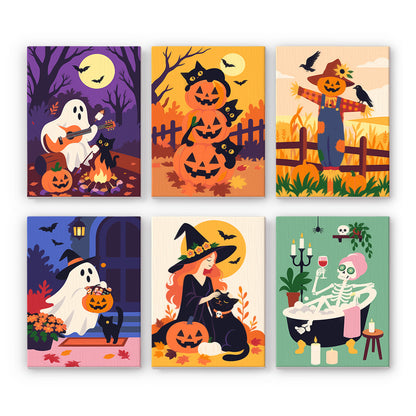 Coffret 6 peintures par numéro Octobre Tranquille, fantôme guitariste, chats, épouvantail, sorcière et squelette au bain, Maison Artsen