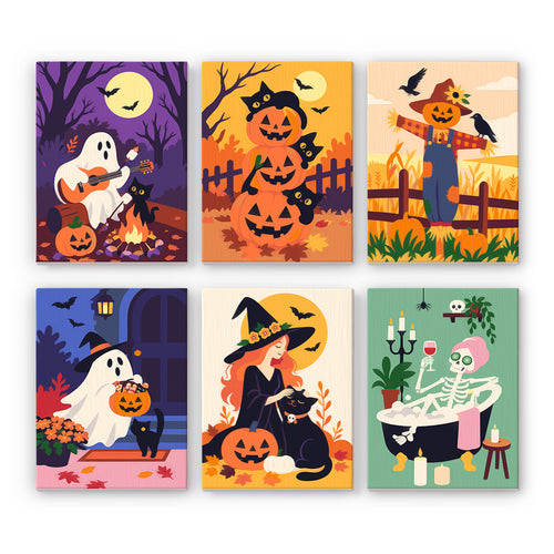 Coffret 6 peintures par numéro Octobre Tranquille, fantôme guitariste, chats, épouvantail, sorcière et squelette au bain, Maison Artsen