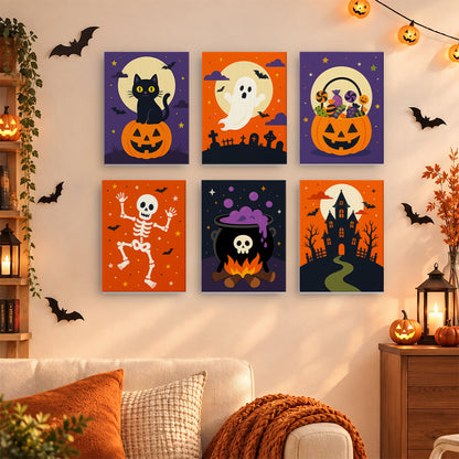Coffret 6 mini-toiles Orange de Pleine Lune accrochées dans un salon décoré pour Halloween, Maison Artsen
