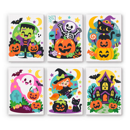 Coffret 6 peintures par numéro Parade des Citrouilles, citrouilles, bonbons, sorcière, fantôme et monstre vert, Maison Artsen