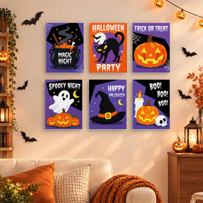 Coffret 6 mini-toiles Party Noir et Violet accrochées dans un salon décoré pour Halloween, Maison Artsen