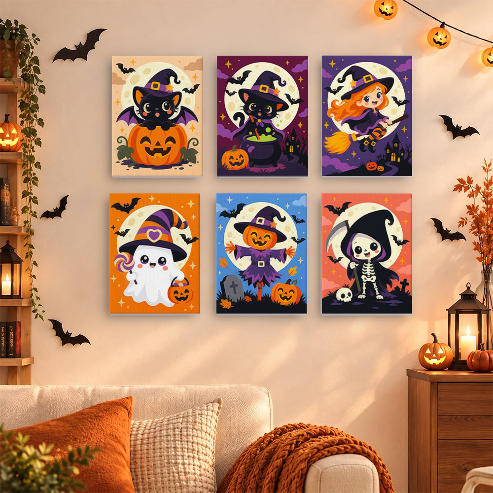 Coffret 6 mini-toiles Petits Sorciers et Chats accrochées dans un salon décoré pour Halloween, Maison Artsen