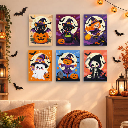 Coffret 6 mini-toiles Petits Sorciers et Chats accrochées dans un salon décoré pour Halloween, Maison Artsen