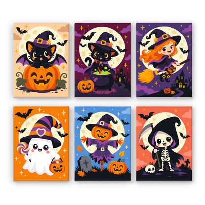 Coffret 6 peintures par numéro Petits Sorciers et Chats, sorcière en balai, fantôme, épouvantail, chat sorcier et petit squelette, Maison Artsen