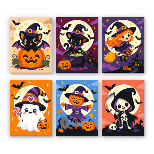 Coffret 6 peintures par numéro Petits Sorciers et Chats, sorcière en balai, fantôme, épouvantail, chat sorcier et petit squelette, Maison Artsen